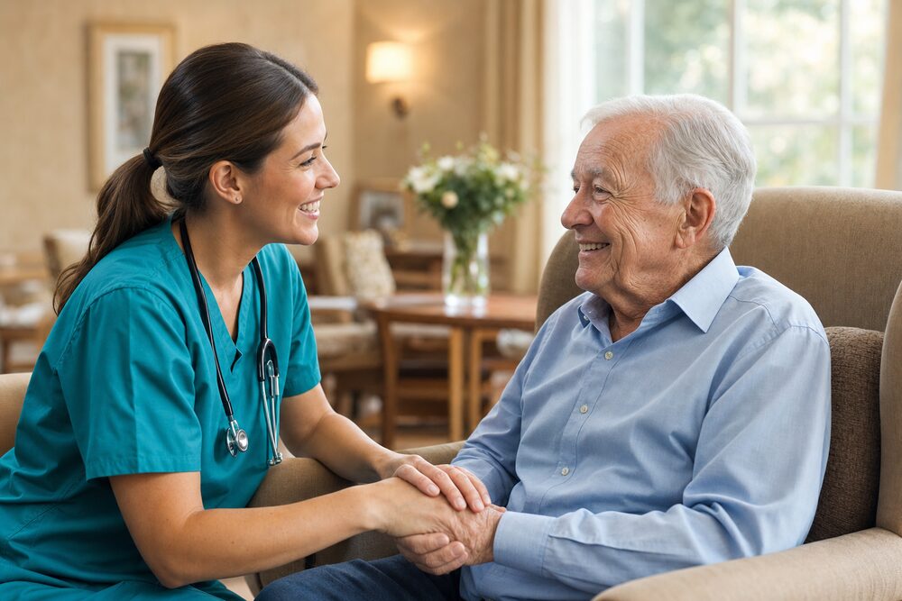 A caregiver gently holding the hands of a smiling elderly resident in a comfortable room