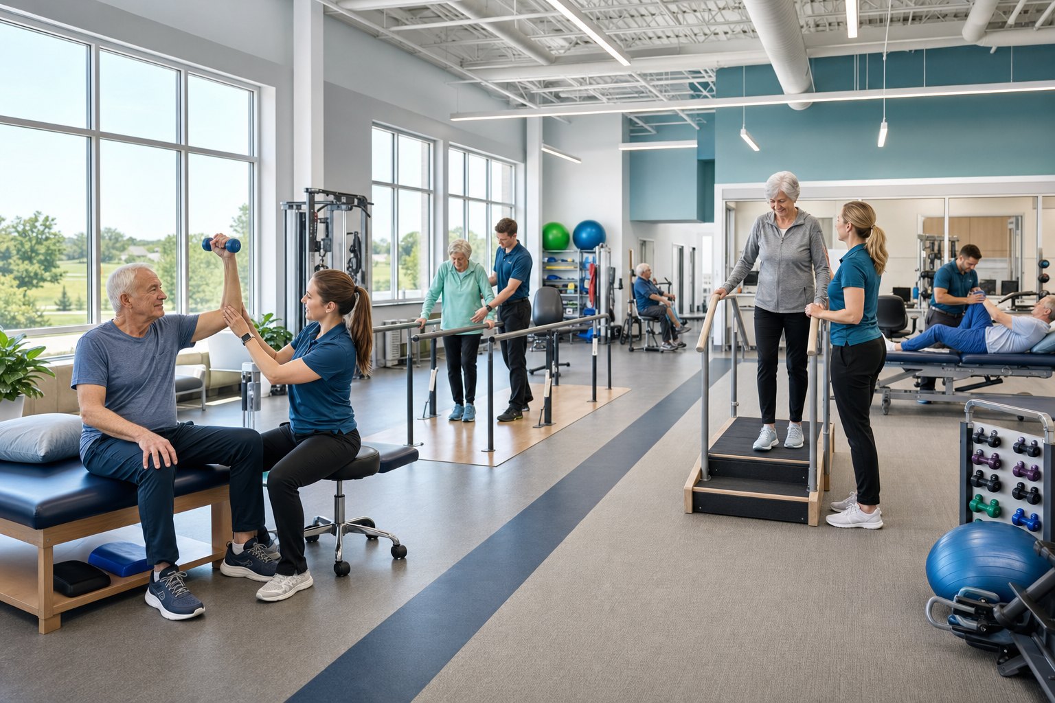 A resident working with a physical therapist on parallel bars in the on-site rehab gym