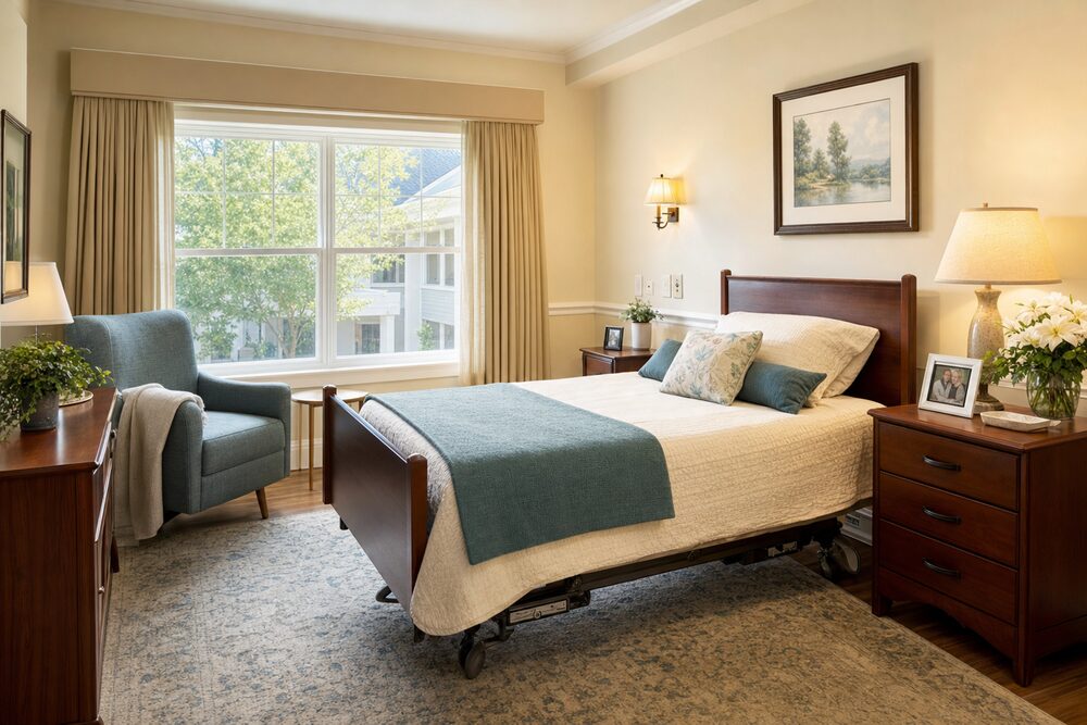A comfortable private resident room with a neatly made bed and cozy seating area