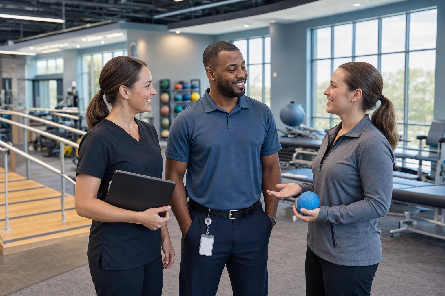 Three members of the Silver Oak care team walking together and talking in a bright hallway